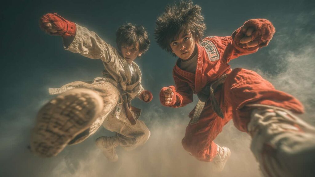 空中でダイナミックなパンチとキックを繰り出す2人の少年アクション俳優。赤と白の道着をまとい、真剣な表情でカメラに向かって迫るインパクトある構図
