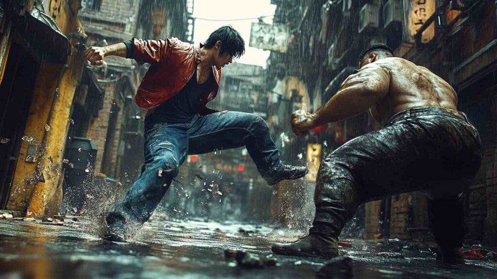 A scene from an action scene, with actors performing the action with perfect timing