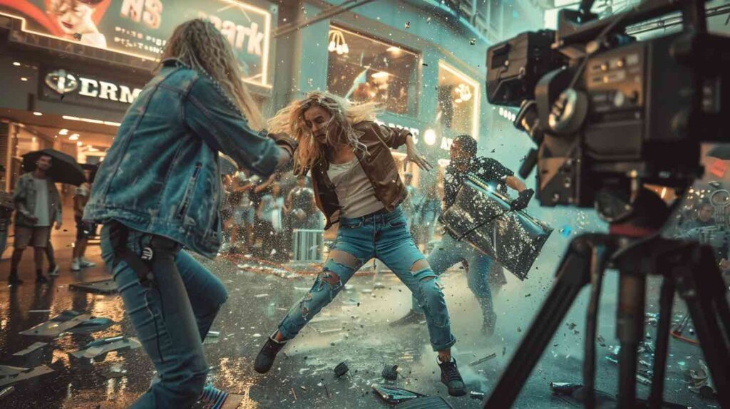 マーシャルアーツアクション映画の舞台裏。金髪で青いジーンズとレザージャケットを着た美しい女優がショッピング街の路地で大柄なスタントマンを蹴り、カメラマンが戦いを撮影している。周囲にはエキストラがいて、混沌、雨