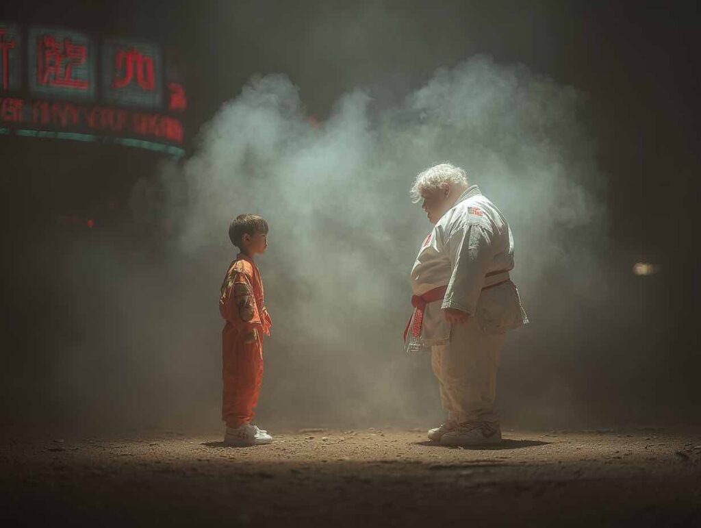 現代のヒーローの衣装を着た12歳くらいのアジア人の子供と太った男が、ニューヨークの街中で対峙している。