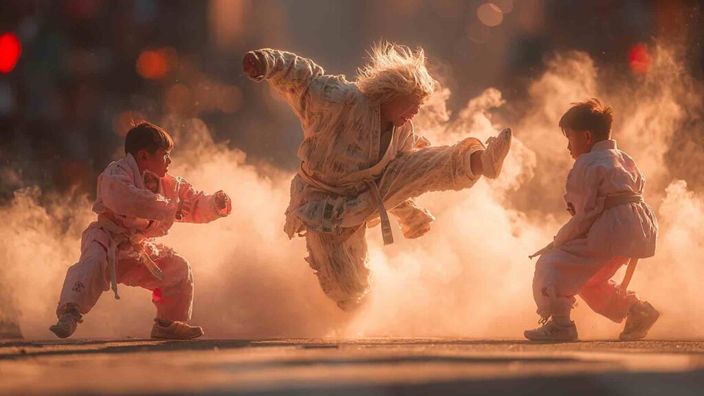 現代のヒーローの衣装を着た12歳前後のアジア人の子供2人が、ニューヨーク市で太った大男の顔にジャンプキックを放つ。広角、ドラマチックな照明、背景には煙。