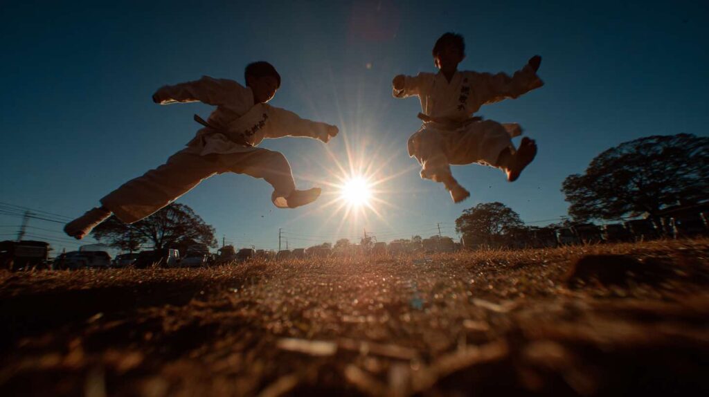 夕日を背景に空中で飛び蹴りをする二人の空手少