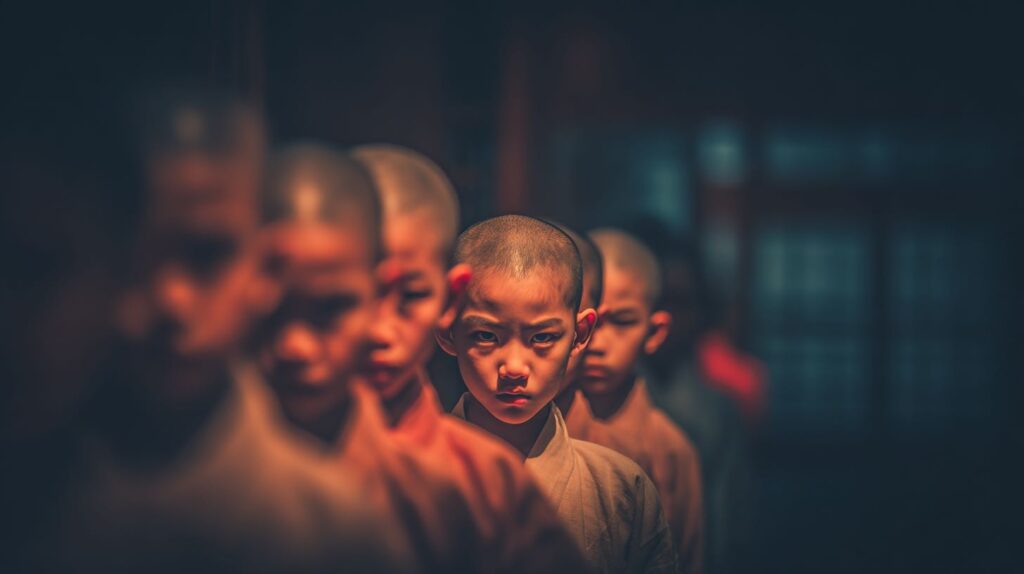 修行中の少年僧たちが一列に並んでいる様子