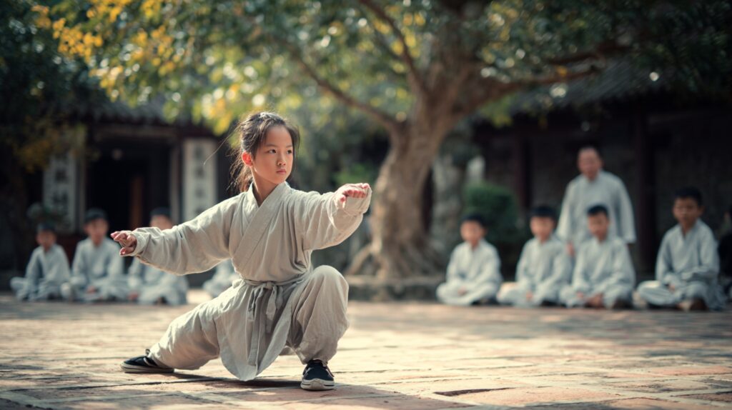 武術の型を練習する少女