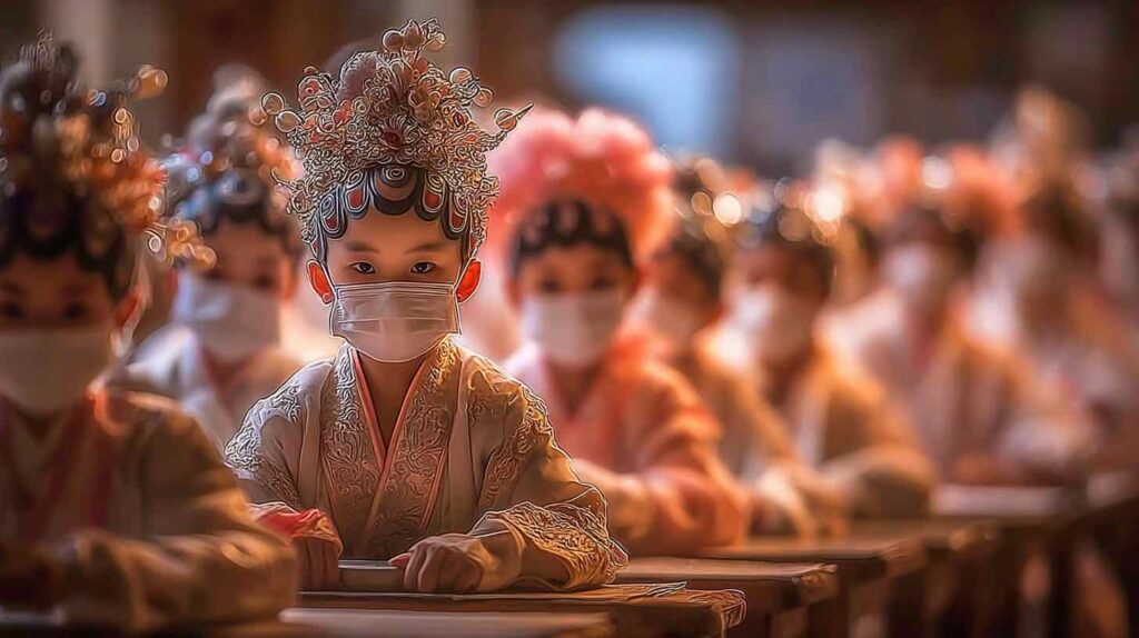 伝統衣装を着た子どもたちがマスクをして並んでいる