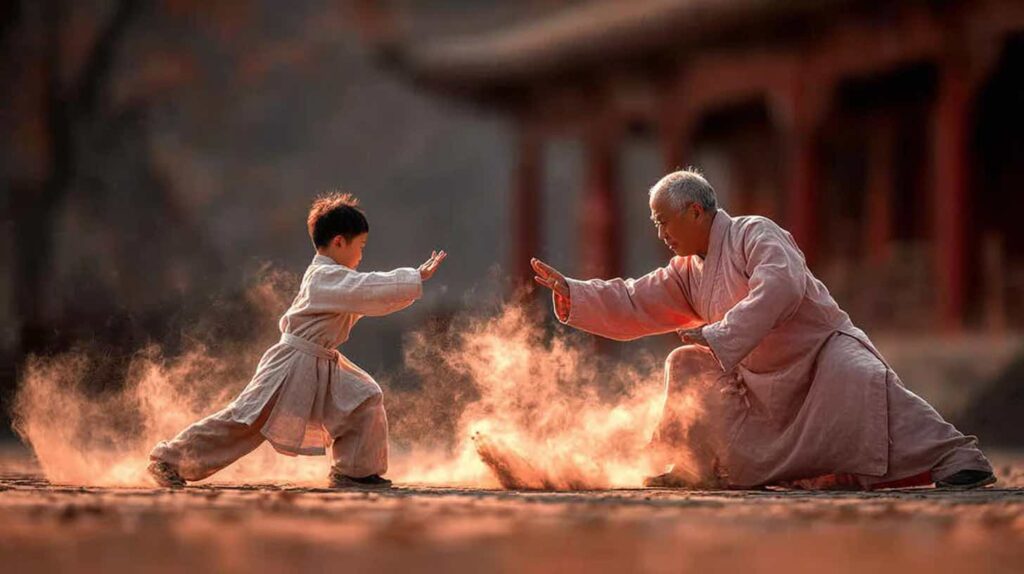 少年が師匠にカンフーを習っている