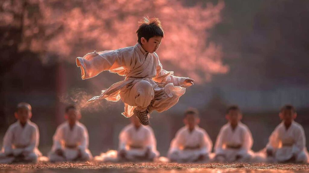 少年がカンフーの稽古をしている