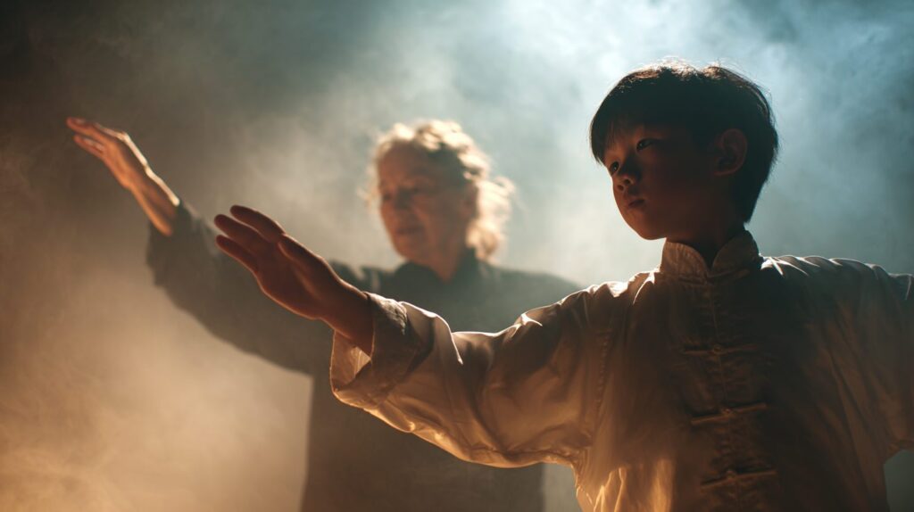 母親にカンフーを習う少年