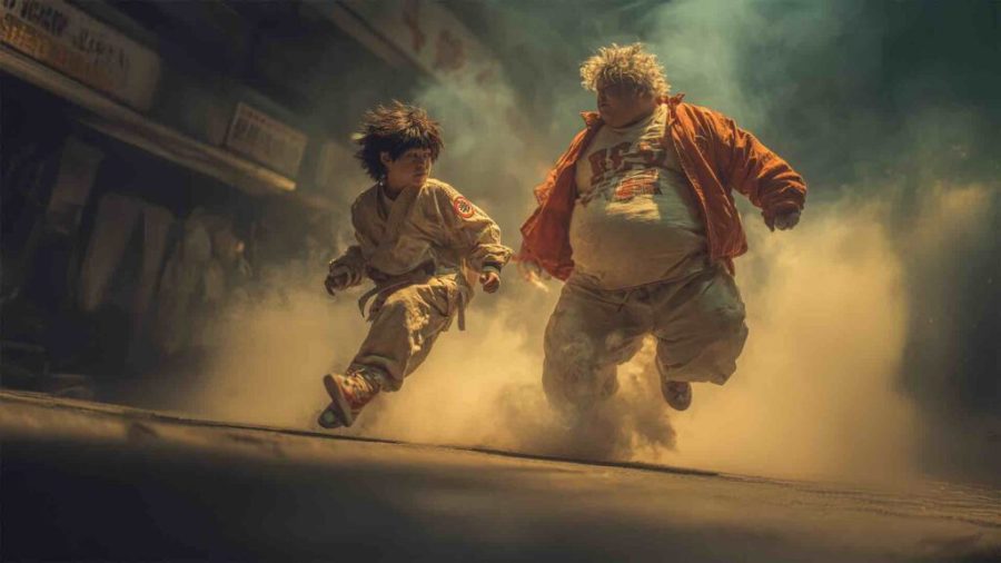 現代のヒーローの衣装を着た12歳くらいのアジア人の子供2人と太った男が、ニューヨークの街中を話しながら疾走している。