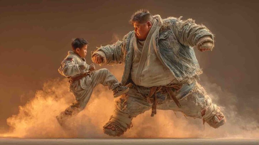 現代のヒーローの衣装を着た12歳くらいのアジア人の少年が、太ったファイトコレオグラファーの指導を受けているアクション映画のセットで、背景には煙と炎がある。
