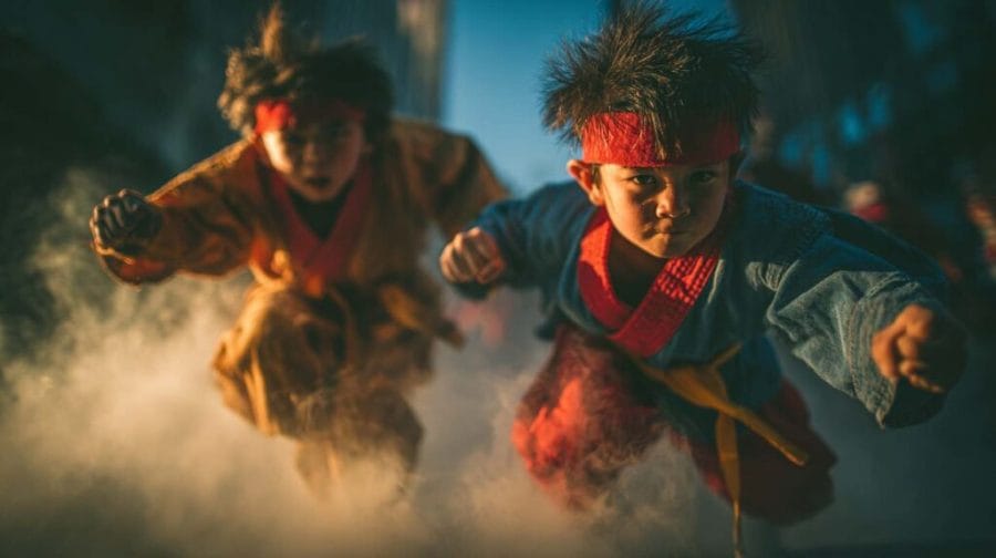 夕暮れの街中で突進する少年アクション俳優たち。赤い鉢巻と真剣な表情で、拳を突き出しながら全力で走る姿が迫力満点